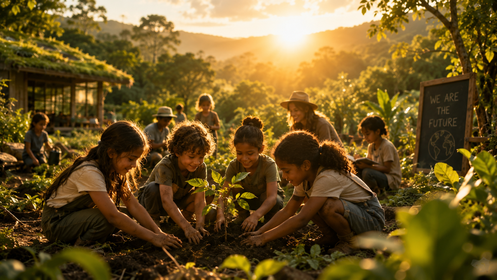 Children planting trees at sunset — the future we are building for